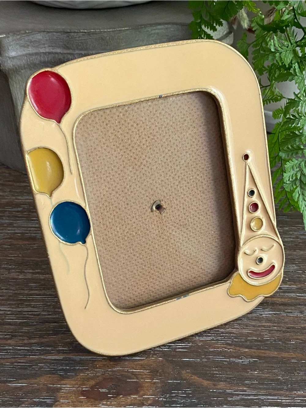 Vtg Bucklers Brass Enamel Clown Balloons Picture Frame Beige Red Yellow Blue 4x6